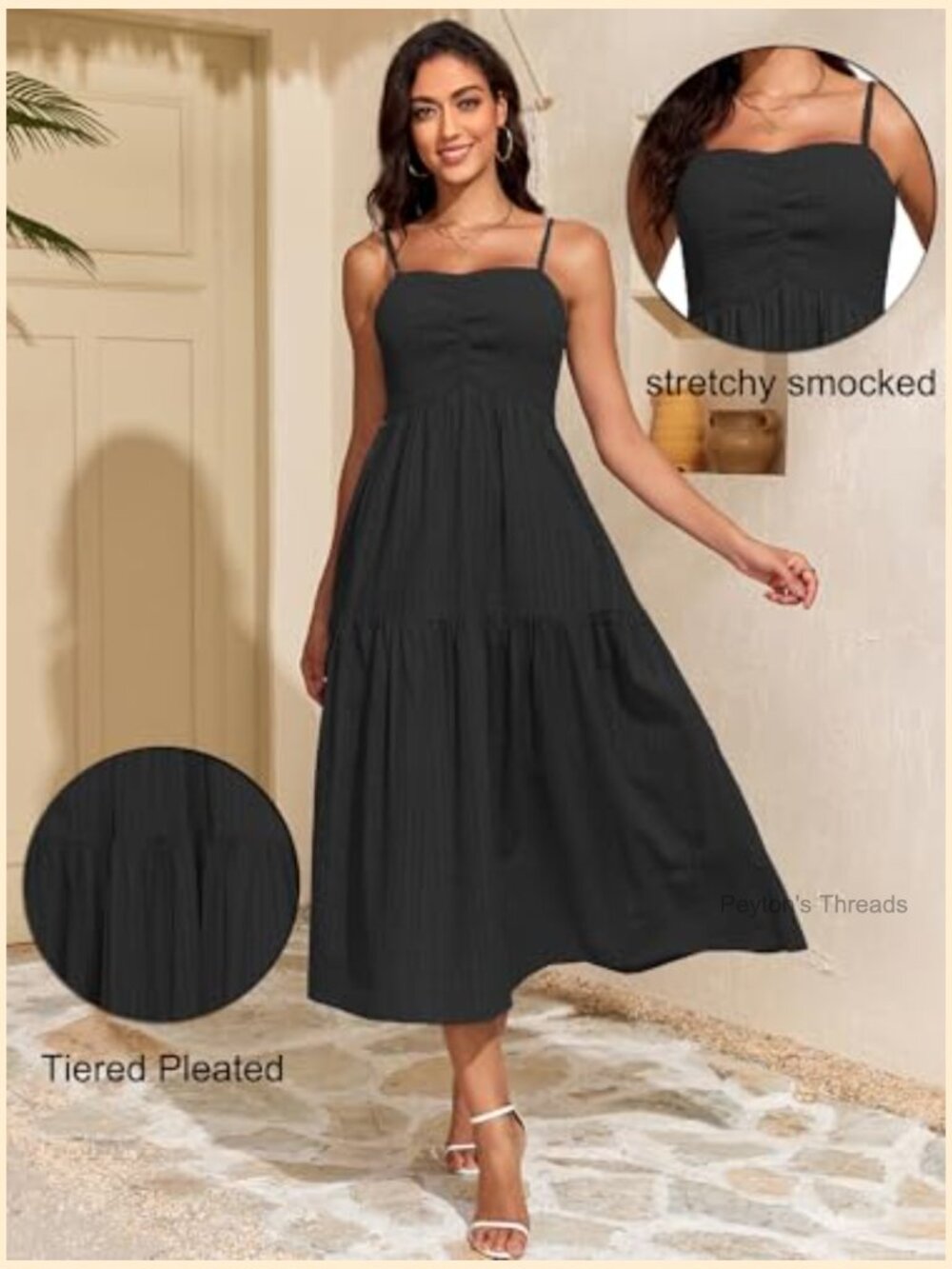 Adjustable Spaghetti Strap Smocked Maxi Dress Tiered Pleated Boho Sundress - Picture 4 of 7